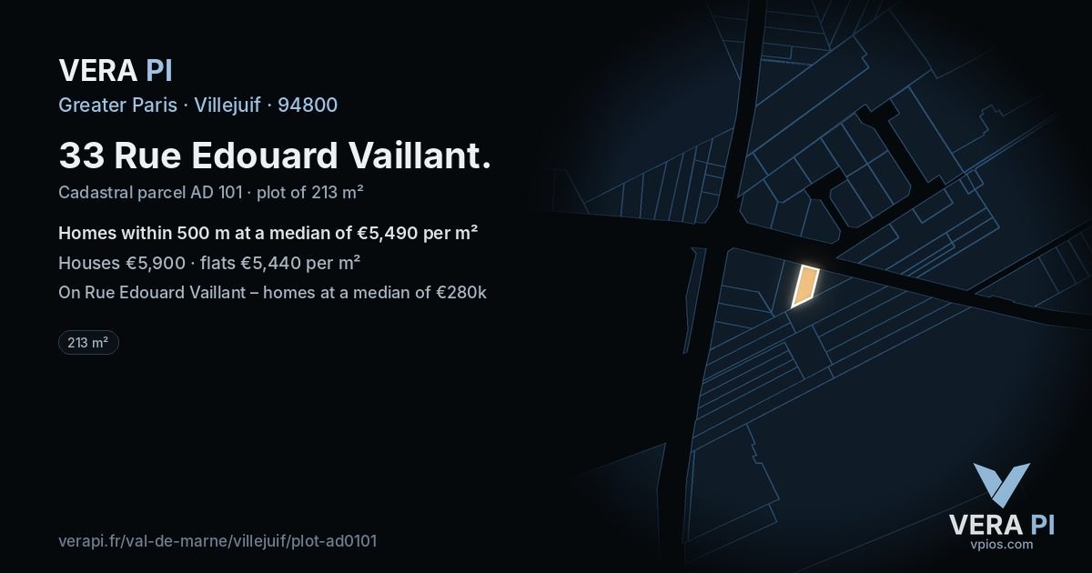 33 Rue Edouard Vaillant, Villejuif at night – the plot lit, the parcels around coloured by the prices near them