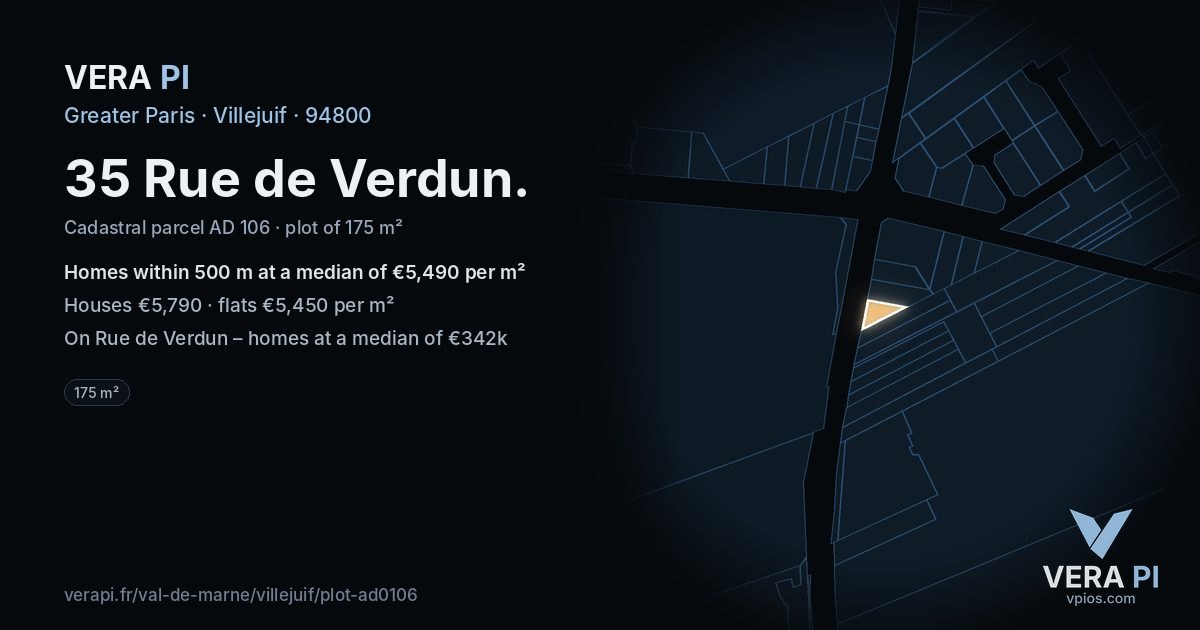 35 Rue de Verdun, Villejuif at night – the plot lit, the parcels around coloured by the prices near them