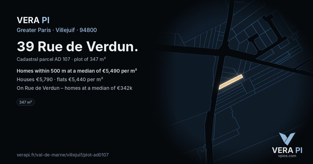 39 Rue de Verdun, Villejuif at night – the plot lit, the parcels around coloured by the prices near them