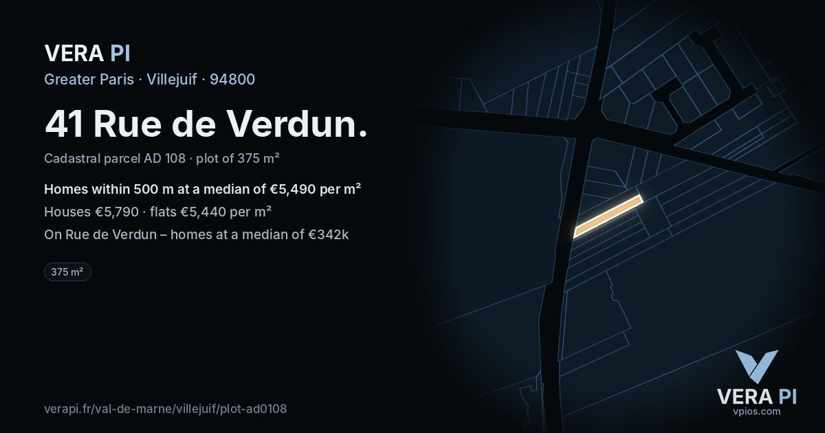 41 Rue de Verdun, Villejuif at night – the plot lit, the parcels around coloured by the prices near them