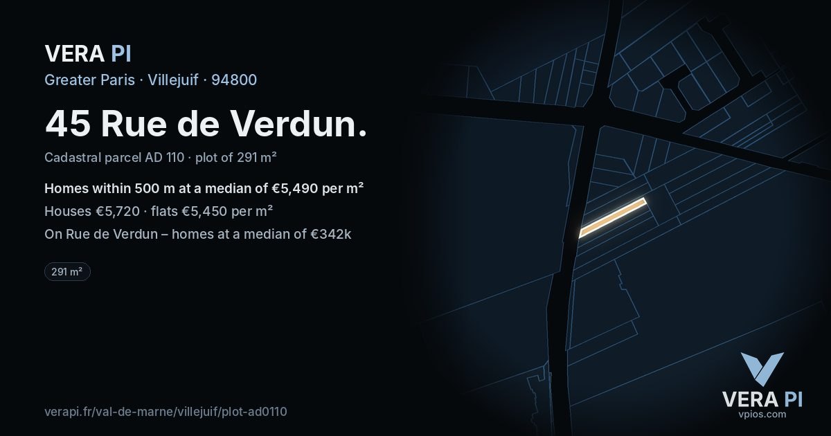 45 Rue de Verdun, Villejuif at night – the plot lit, the parcels around coloured by the prices near them