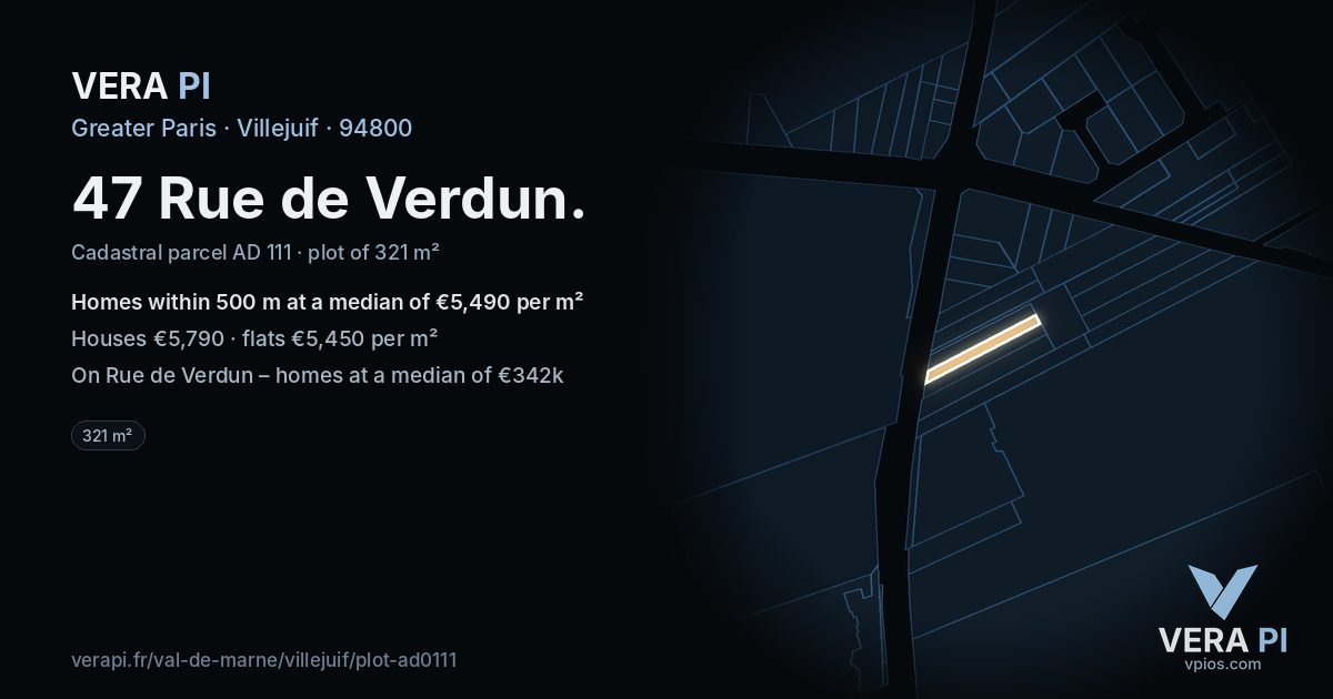 47 Rue de Verdun, Villejuif at night – the plot lit, the parcels around coloured by the prices near them