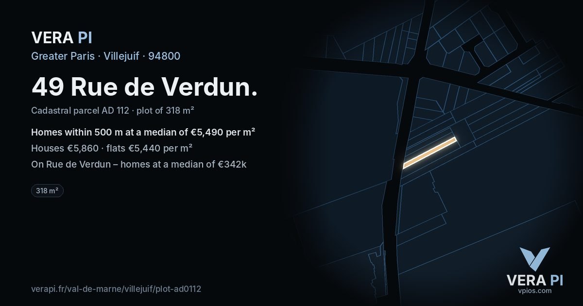 49 Rue de Verdun, Villejuif at night – the plot lit, the parcels around coloured by the prices near them