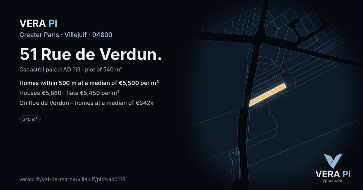 51 Rue de Verdun, Villejuif at night – the plot lit, the parcels around coloured by the prices near them