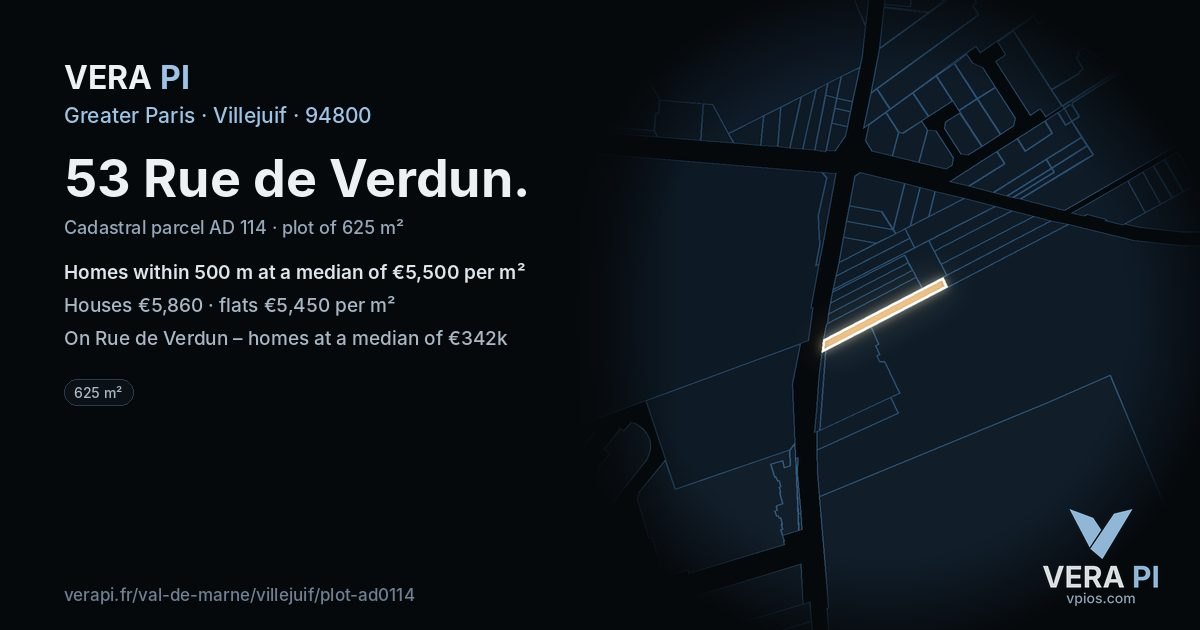 53 Rue de Verdun, Villejuif at night – the plot lit, the parcels around coloured by the prices near them