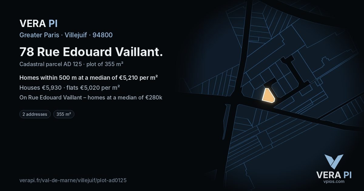 78 Rue Edouard Vaillant, Villejuif at night – the plot lit, the parcels around coloured by the prices near them