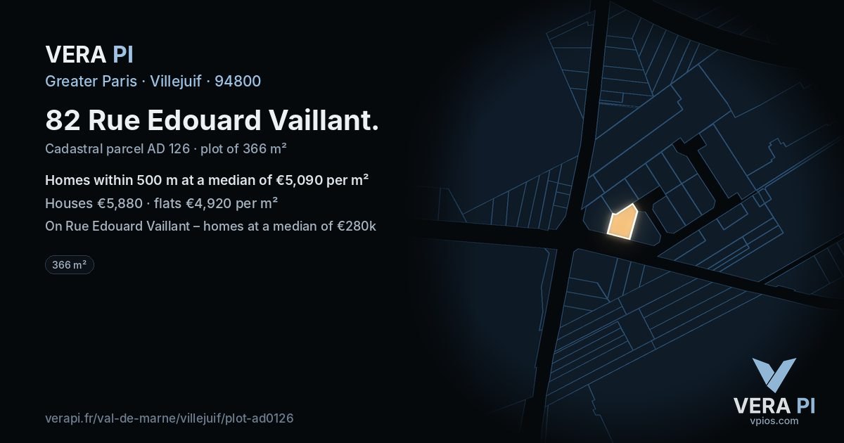 82 Rue Edouard Vaillant, Villejuif at night – the plot lit, the parcels around coloured by the prices near them