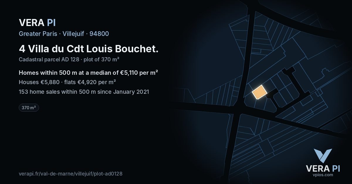 4 Villa du Cdt Louis Bouchet, Villejuif at night – the plot lit, the parcels around coloured by the prices near them