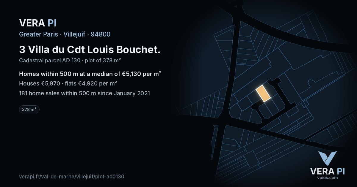 3 Villa du Cdt Louis Bouchet, Villejuif at night – the plot lit, the parcels around coloured by the prices near them