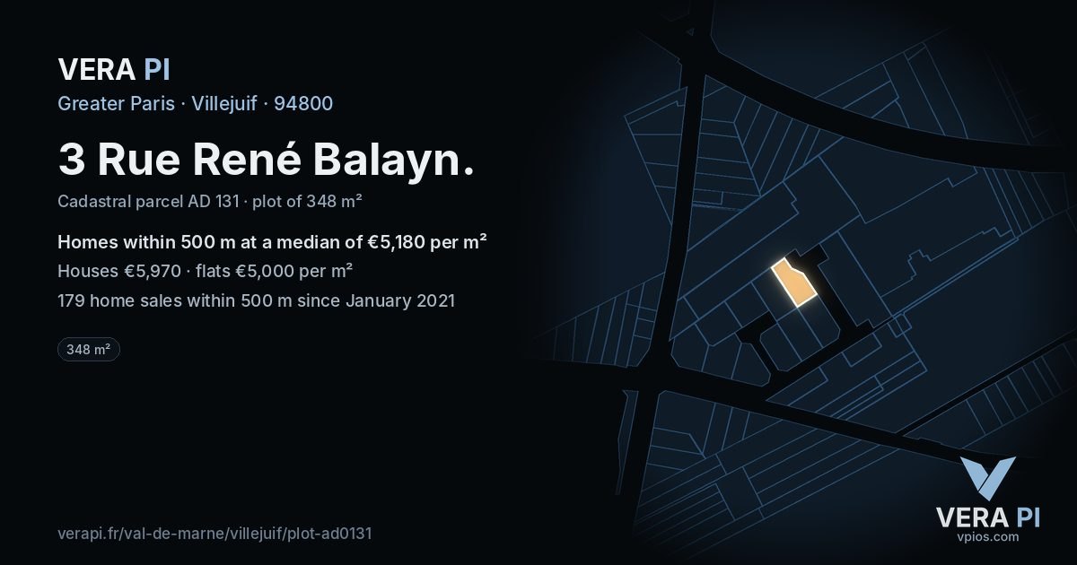 3 Rue René Balayn, Villejuif at night – the plot lit, the parcels around coloured by the prices near them