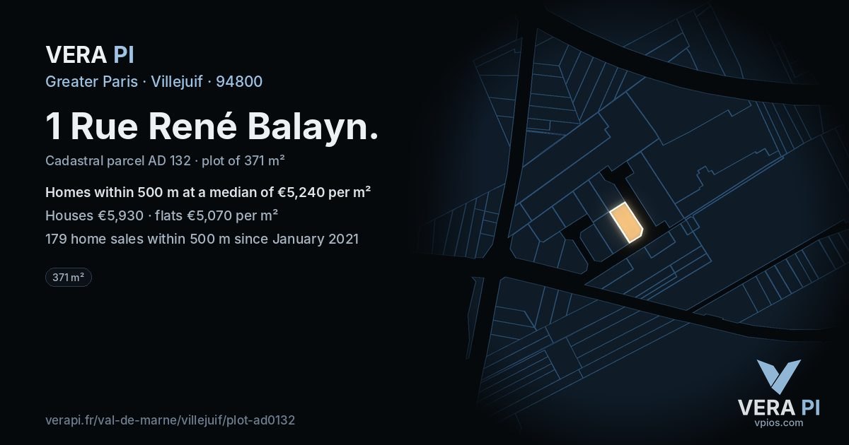1 Rue René Balayn, Villejuif at night – the plot lit, the parcels around coloured by the prices near them
