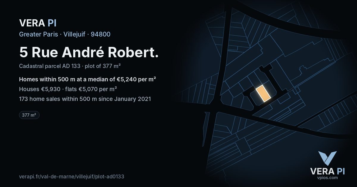5 Rue André Robert, Villejuif at night – the plot lit, the parcels around coloured by the prices near them