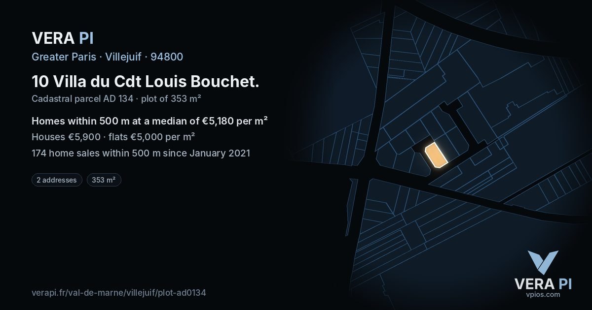 10 Villa du Cdt Louis Bouchet, Villejuif at night – the plot lit, the parcels around coloured by the prices near them