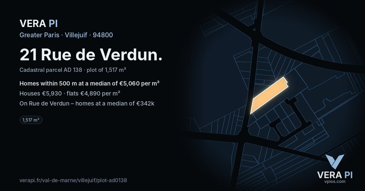21 Rue de Verdun, Villejuif at night – the plot lit, the parcels around coloured by the prices near them