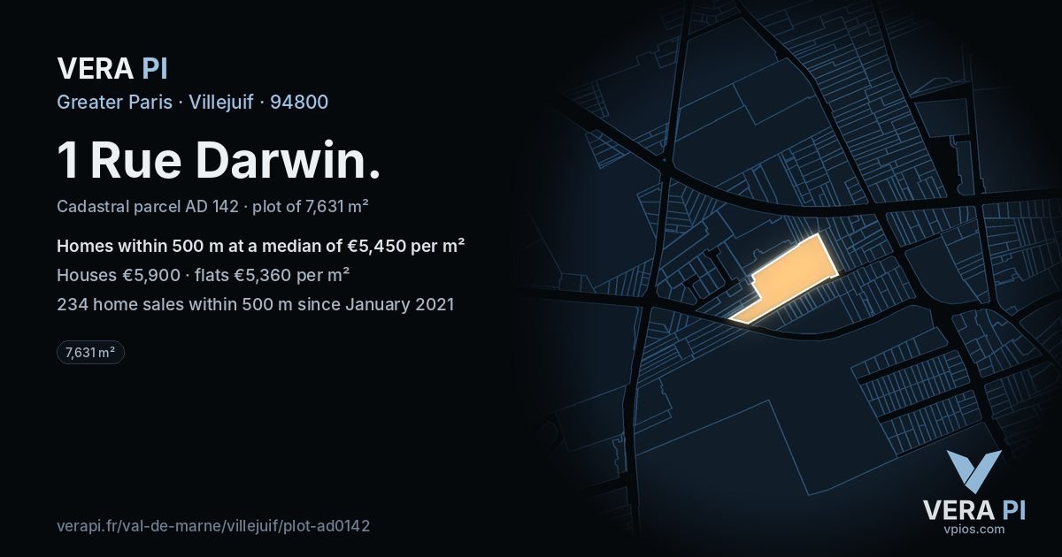 1 Rue Darwin, Villejuif at night – the plot lit, the parcels around coloured by the prices near them