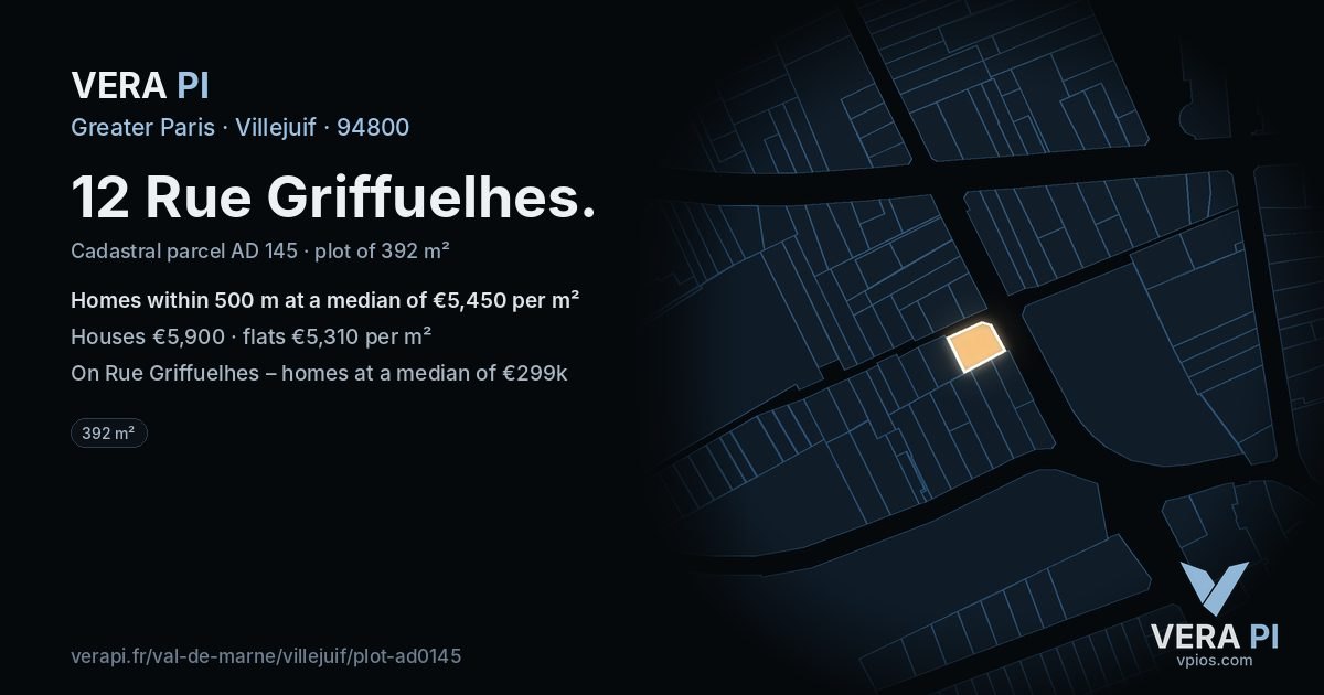 12 Rue Griffuelhes, Villejuif at night – the plot lit, the parcels around coloured by the prices near them