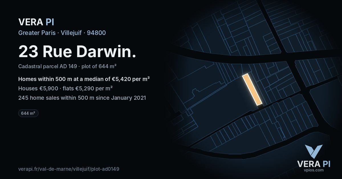 23 Rue Darwin, Villejuif at night – the plot lit, the parcels around coloured by the prices near them