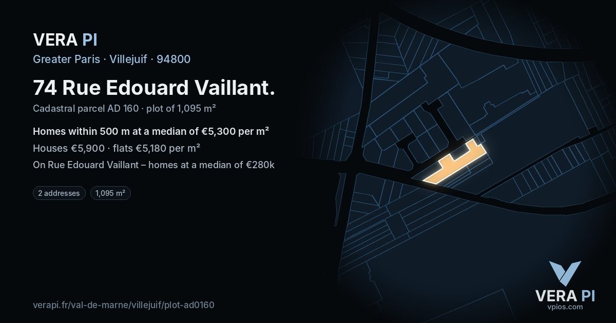 74 Rue Edouard Vaillant, Villejuif at night – the plot lit, the parcels around coloured by the prices near them
