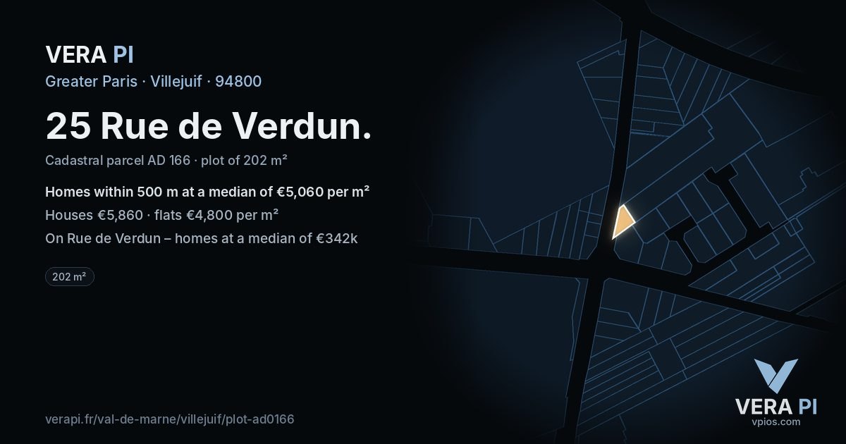 25 Rue de Verdun, Villejuif at night – the plot lit, the parcels around coloured by the prices near them