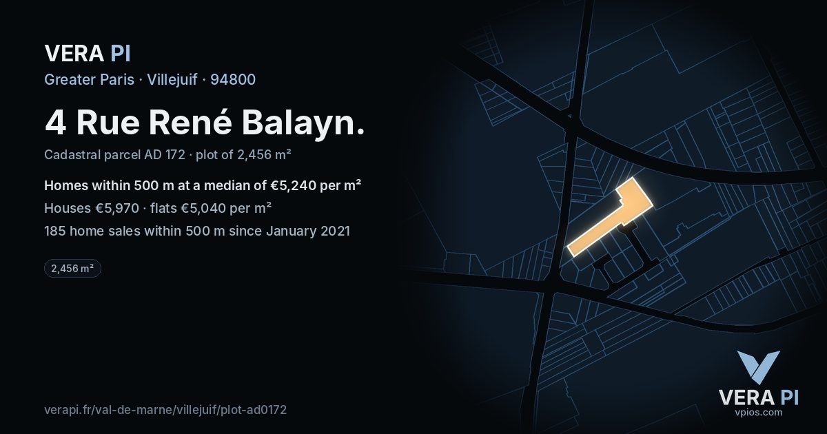 4 Rue René Balayn, Villejuif at night – the plot lit, the parcels around coloured by the prices near them