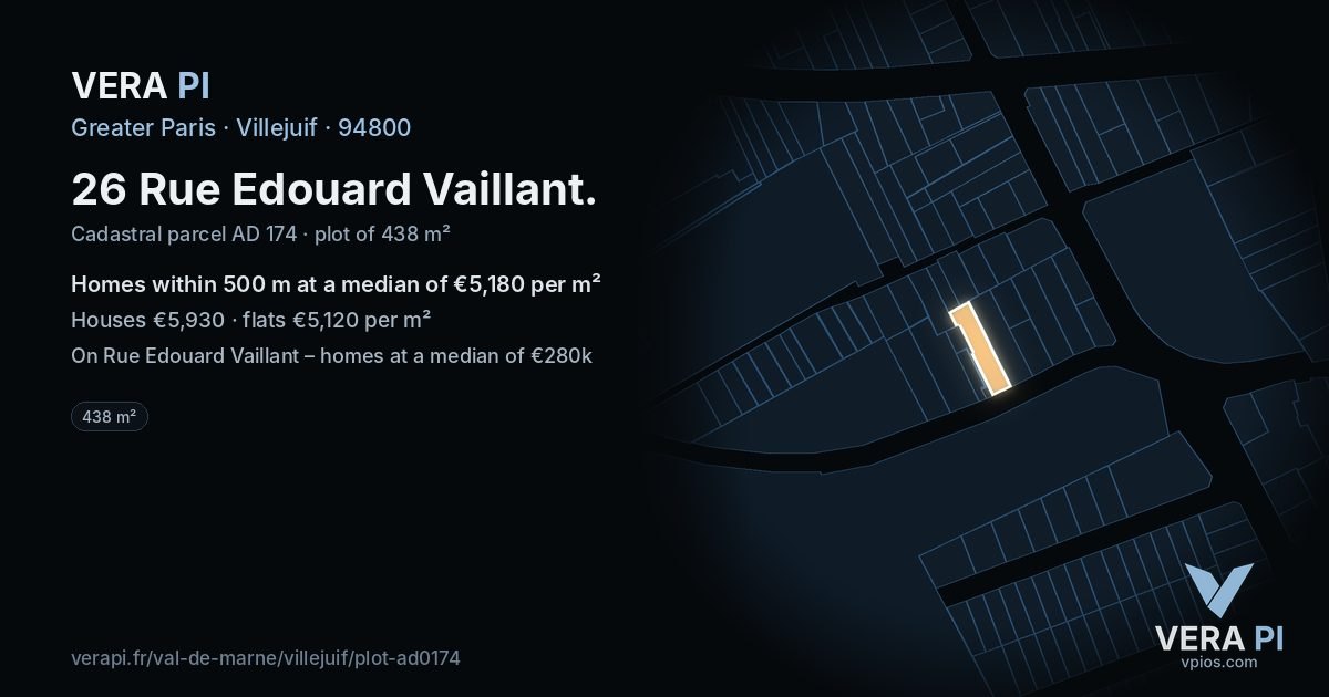 26 Rue Edouard Vaillant, Villejuif at night – the plot lit, the parcels around coloured by the prices near them