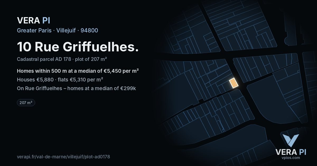 10 Rue Griffuelhes, Villejuif at night – the plot lit, the parcels around coloured by the prices near them