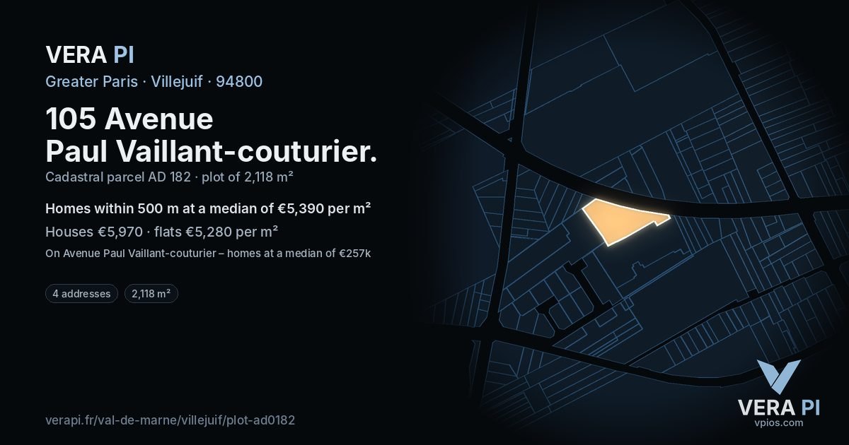105 Avenue Paul Vaillant-couturier, Villejuif at night – the plot lit, the parcels around coloured by the prices near them