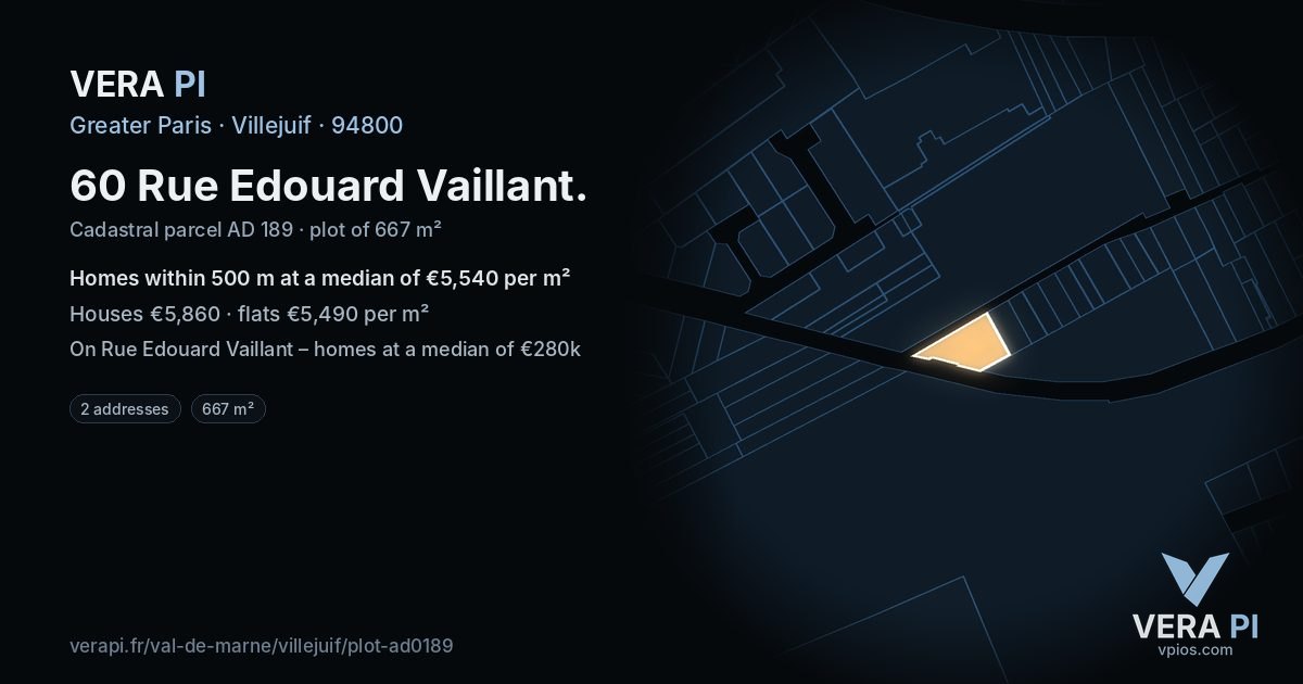 60 Rue Edouard Vaillant, Villejuif at night – the plot lit, the parcels around coloured by the prices near them