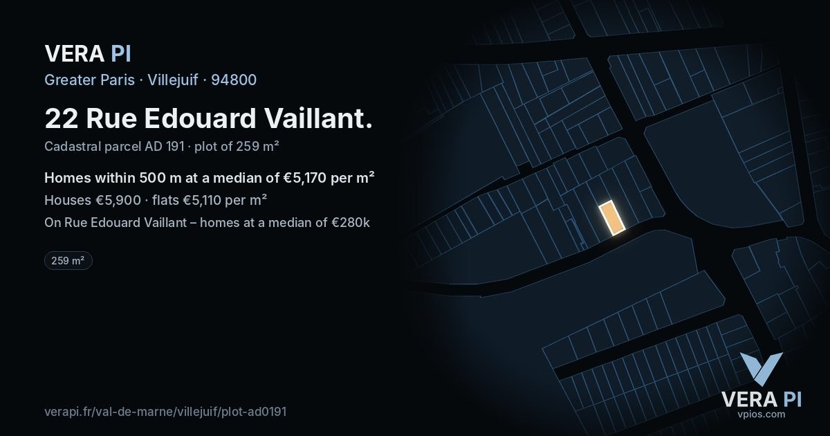 22 Rue Edouard Vaillant, Villejuif at night – the plot lit, the parcels around coloured by the prices near them