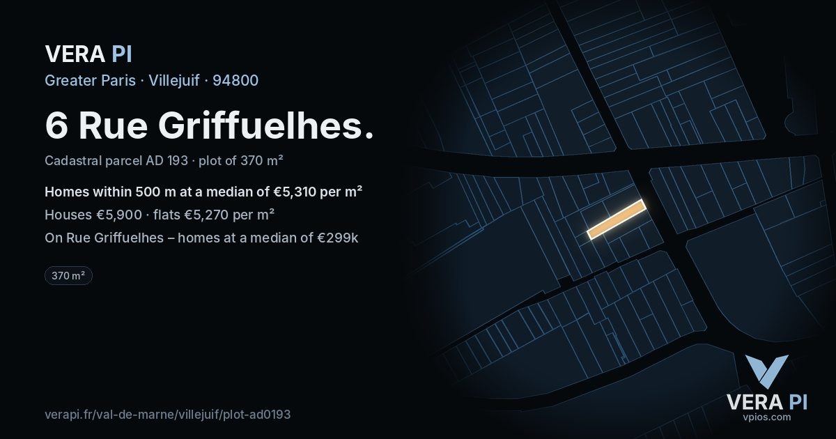 6 Rue Griffuelhes, Villejuif at night – the plot lit, the parcels around coloured by the prices near them