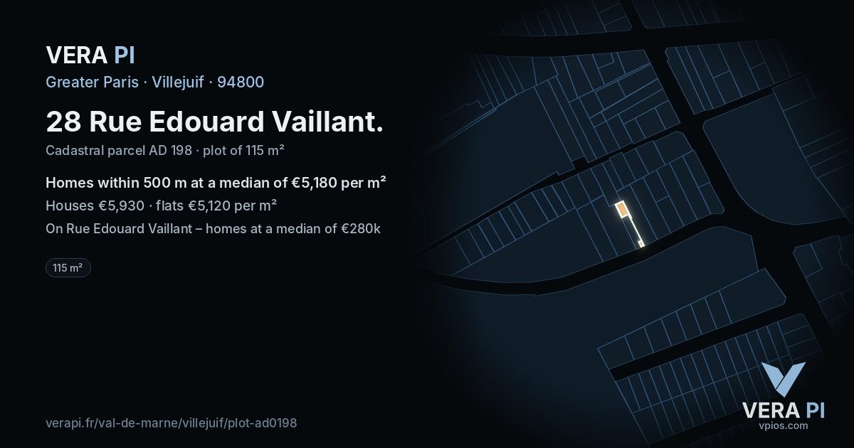 28 Rue Edouard Vaillant, Villejuif at night – the plot lit, the parcels around coloured by the prices near them