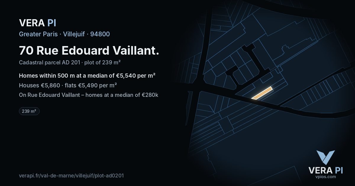 70 Rue Edouard Vaillant, Villejuif at night – the plot lit, the parcels around coloured by the prices near them