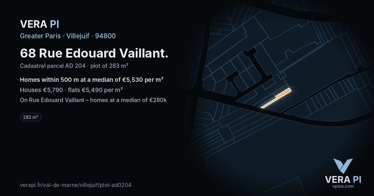68 Rue Edouard Vaillant, Villejuif at night – the plot lit, the parcels around coloured by the prices near them