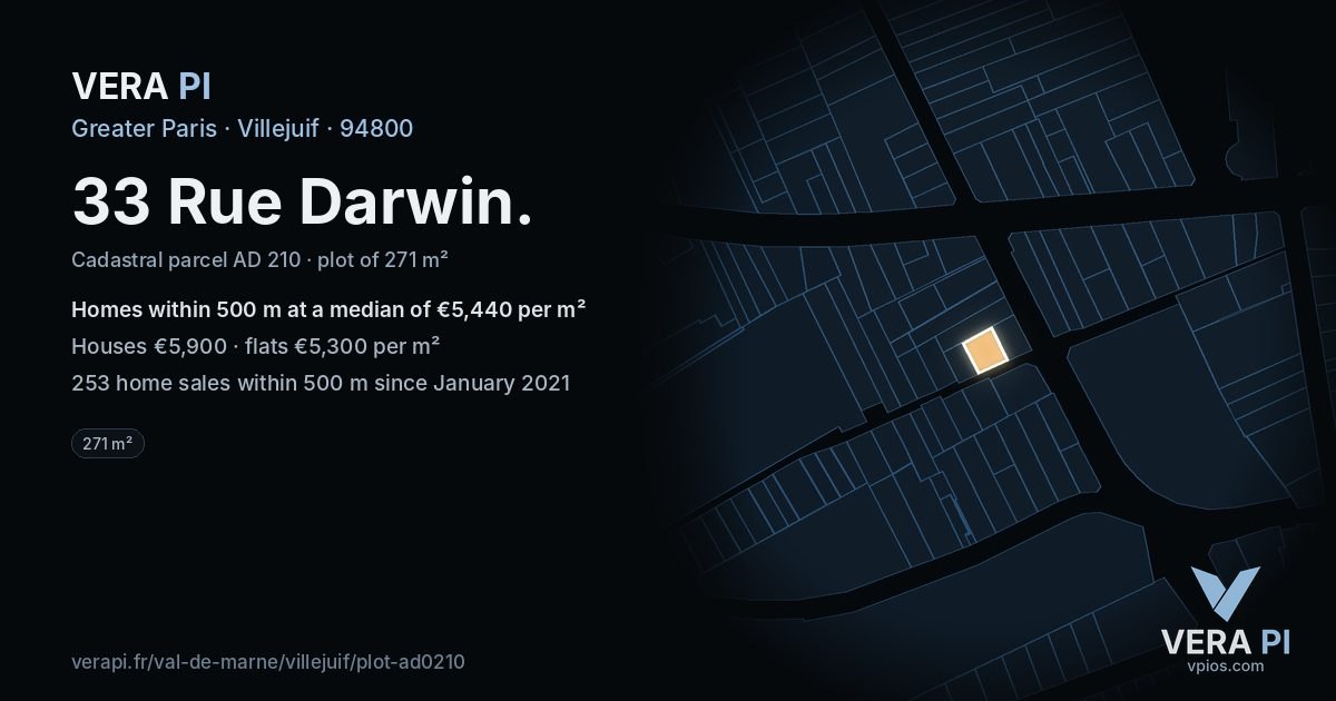 33 Rue Darwin, Villejuif at night – the plot lit, the parcels around coloured by the prices near them