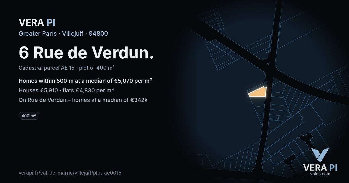 6 Rue de Verdun, Villejuif at night – the plot lit, the parcels around coloured by the prices near them