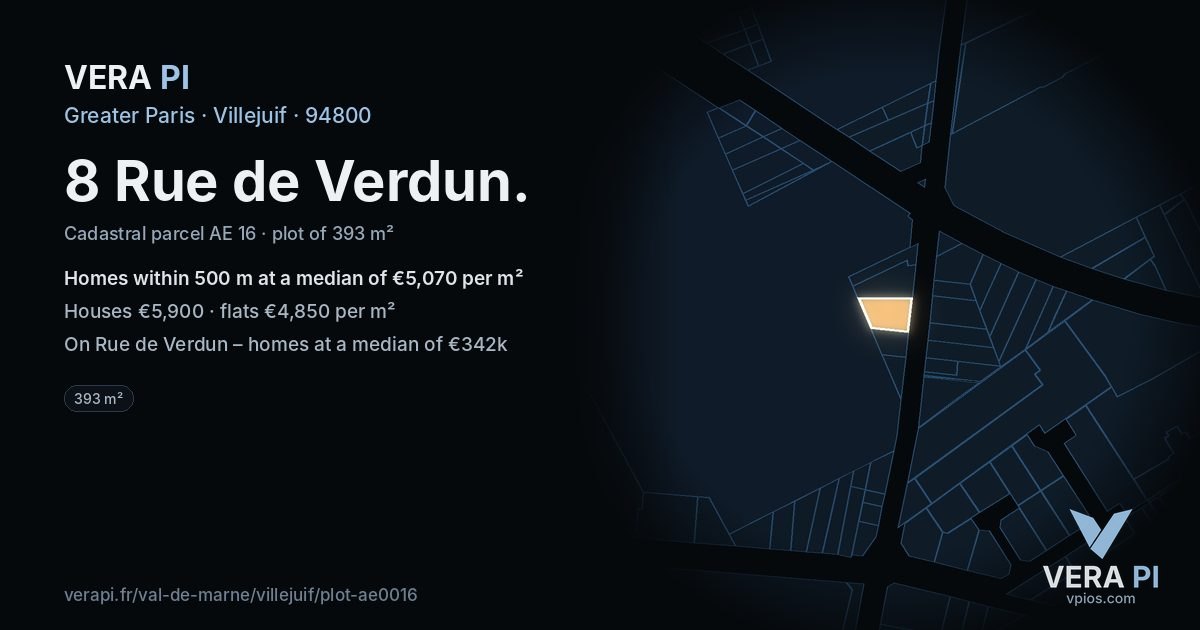 8 Rue de Verdun, Villejuif at night – the plot lit, the parcels around coloured by the prices near them