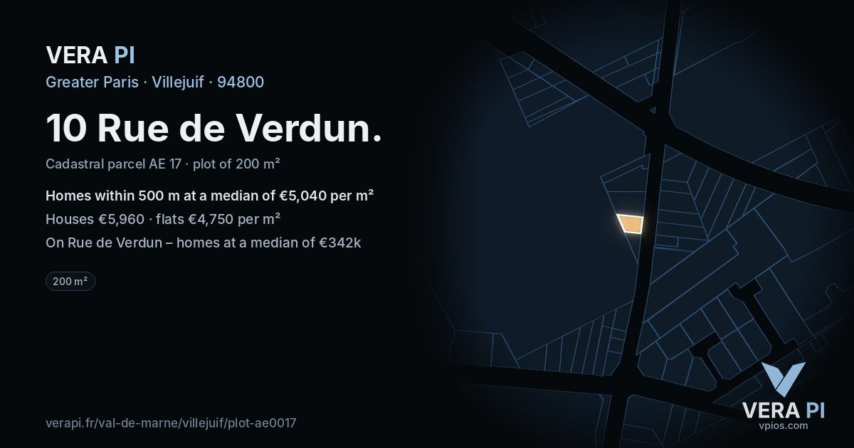 10 Rue de Verdun, Villejuif at night – the plot lit, the parcels around coloured by the prices near them
