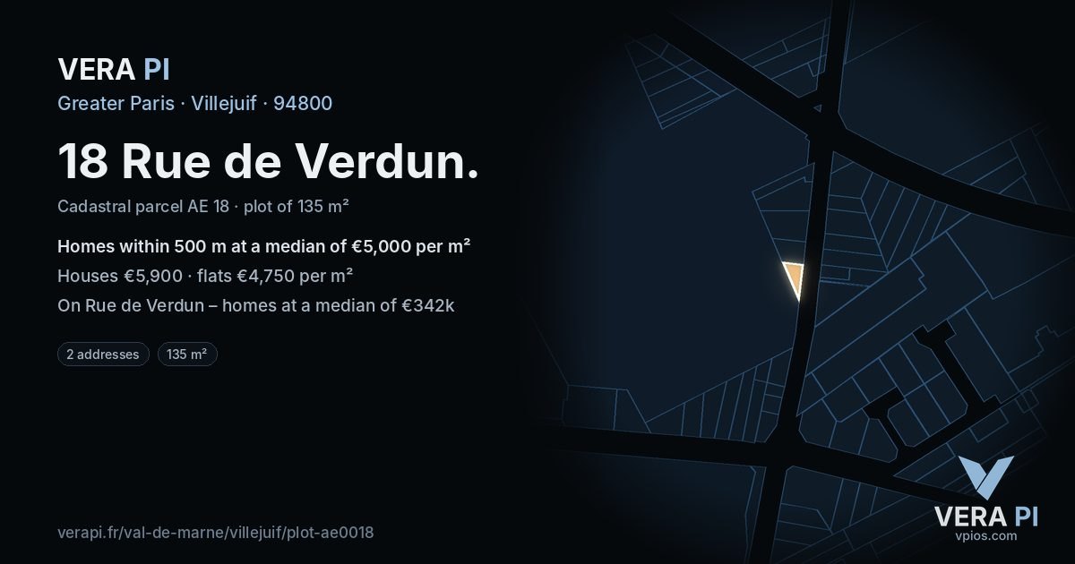 18 Rue de Verdun, Villejuif at night – the plot lit, the parcels around coloured by the prices near them