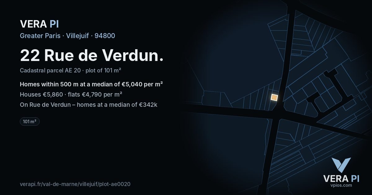 22 Rue de Verdun, Villejuif at night – the plot lit, the parcels around coloured by the prices near them