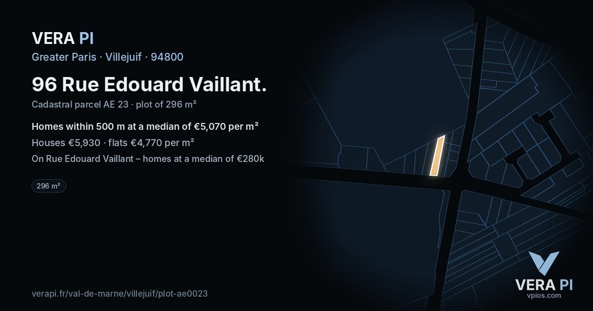 96 Rue Edouard Vaillant, Villejuif at night – the plot lit, the parcels around coloured by the prices near them