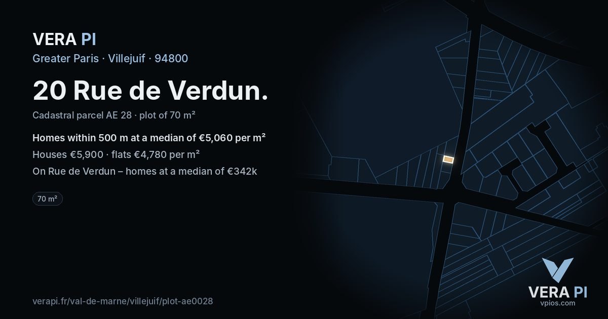 20 Rue de Verdun, Villejuif at night – the plot lit, the parcels around coloured by the prices near them