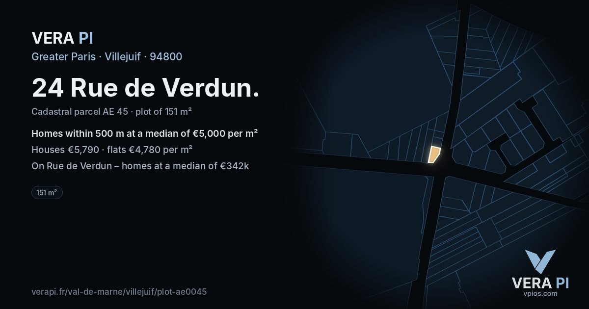 24 Rue de Verdun, Villejuif at night – the plot lit, the parcels around coloured by the prices near them