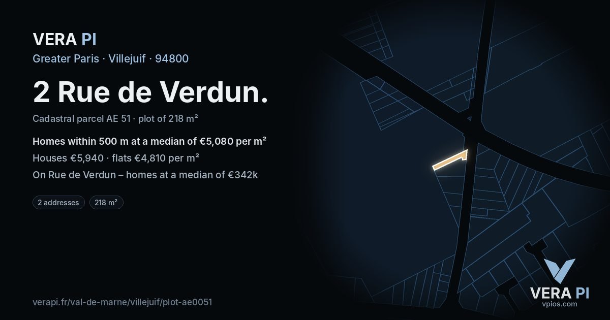 2 Rue de Verdun, Villejuif at night – the plot lit, the parcels around coloured by the prices near them