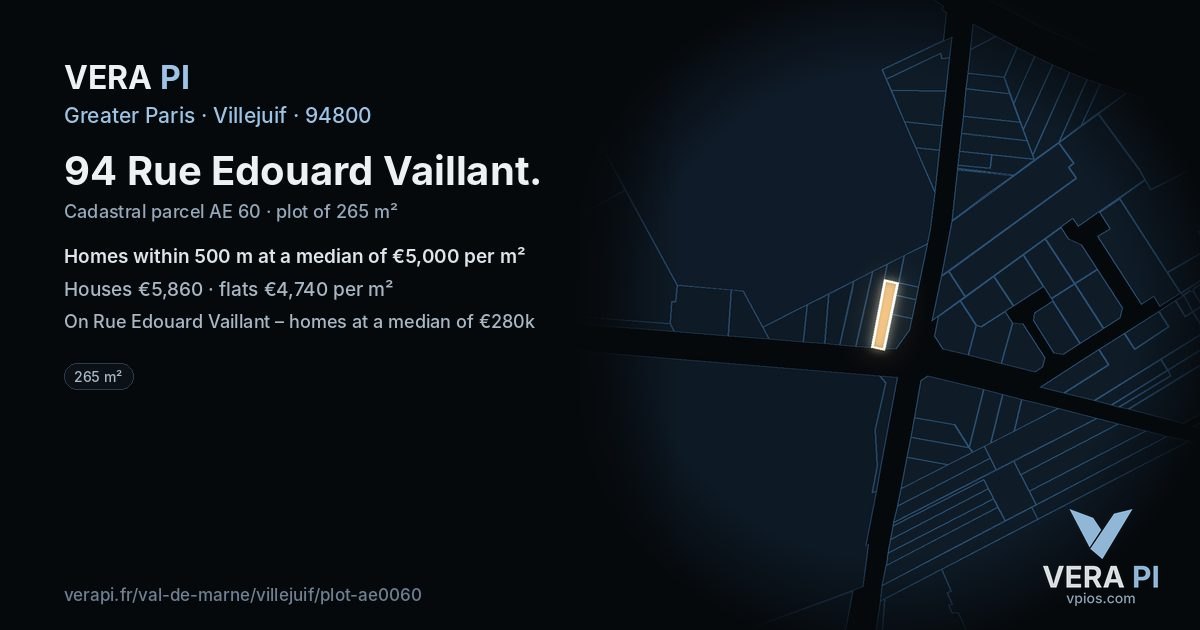 94 Rue Edouard Vaillant, Villejuif at night – the plot lit, the parcels around coloured by the prices near them