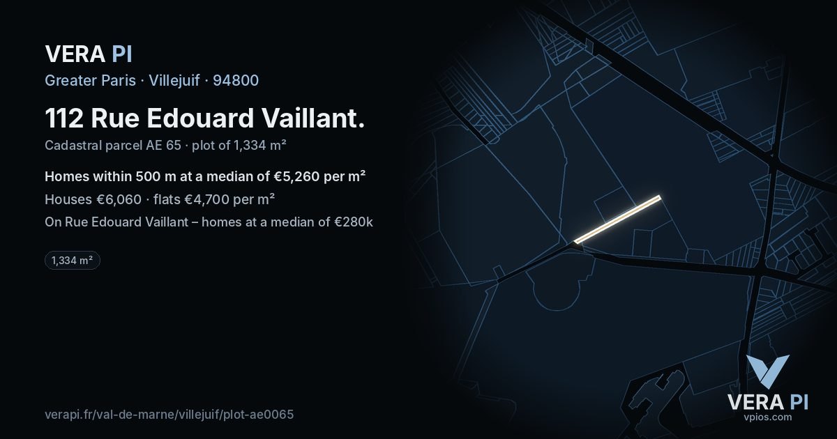 112 Rue Edouard Vaillant, Villejuif at night – the plot lit, the parcels around coloured by the prices near them