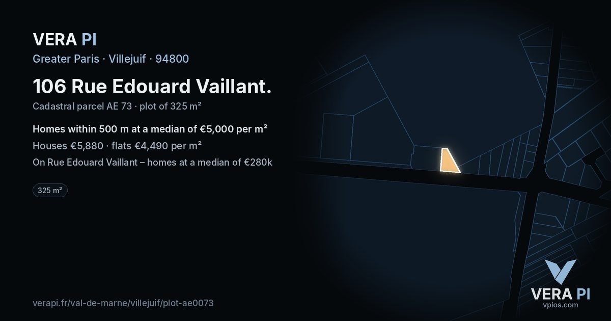 106 Rue Edouard Vaillant, Villejuif at night – the plot lit, the parcels around coloured by the prices near them