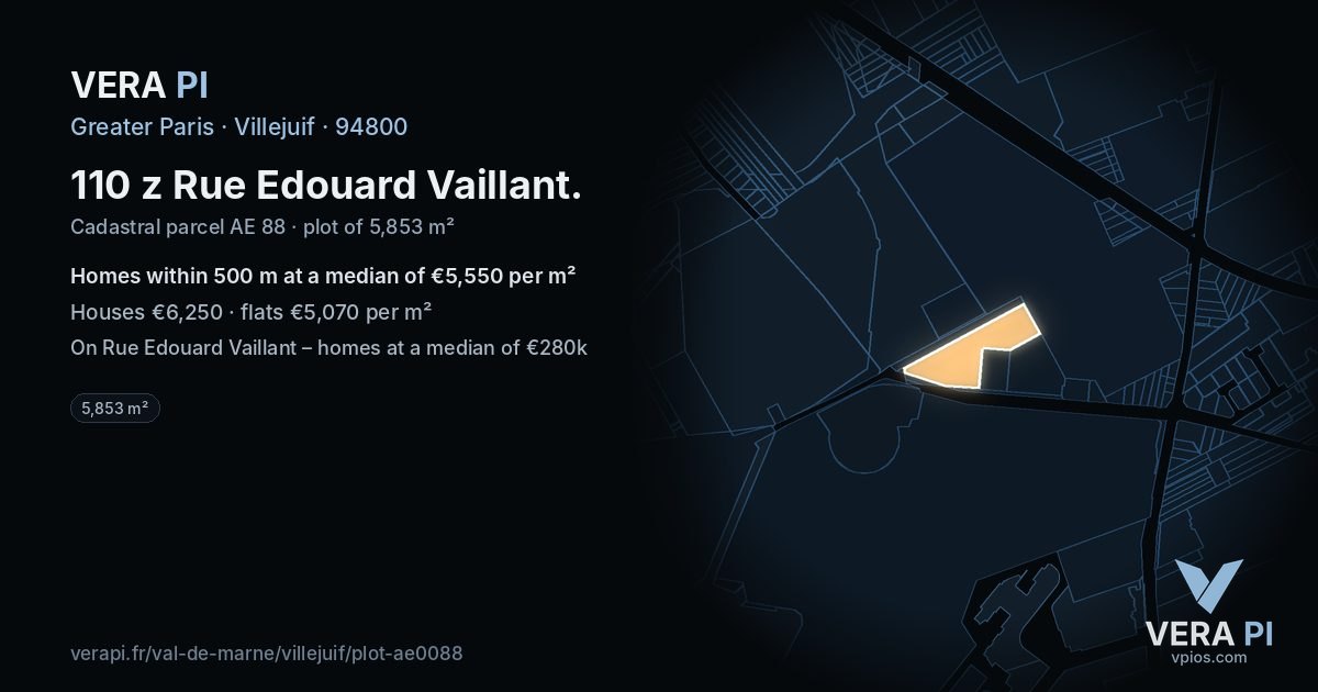 110 z Rue Edouard Vaillant, Villejuif at night – the plot lit, the parcels around coloured by the prices near them