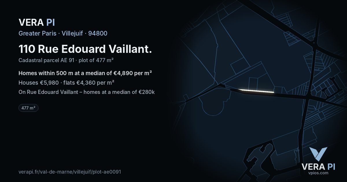 110 Rue Edouard Vaillant, Villejuif at night – the plot lit, the parcels around coloured by the prices near them