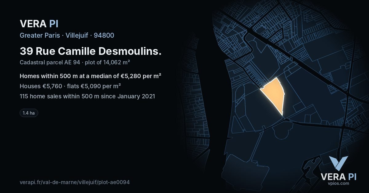 39 Rue Camille Desmoulins, Villejuif at night – the plot lit, the parcels around coloured by the prices near them