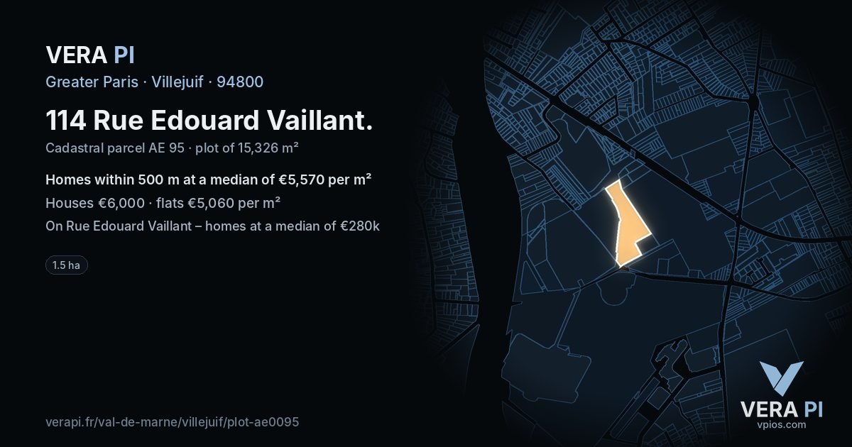 114 Rue Edouard Vaillant, Villejuif at night – the plot lit, the parcels around coloured by the prices near them